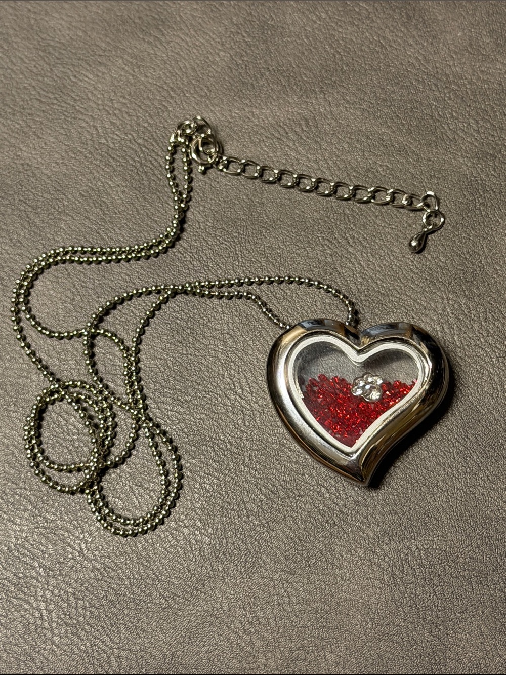 Silver tone Heart Locket Necklace with Red glass crystals and rhinestone dog paw